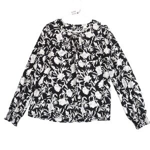 J Crew Black White Floral Blouse Womens M Smocked Puff Sleeve Classic‎ Academia